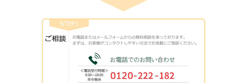 STEP1ご相談お電話またはメールフォームからの無料相談を承っております。まずは、お客様がコンタクトしやすい方法でお気軽にご相談ください。お電話でのお問い合わせ0120-222-182＜電話受付時間＞9:00～18:00年中無休