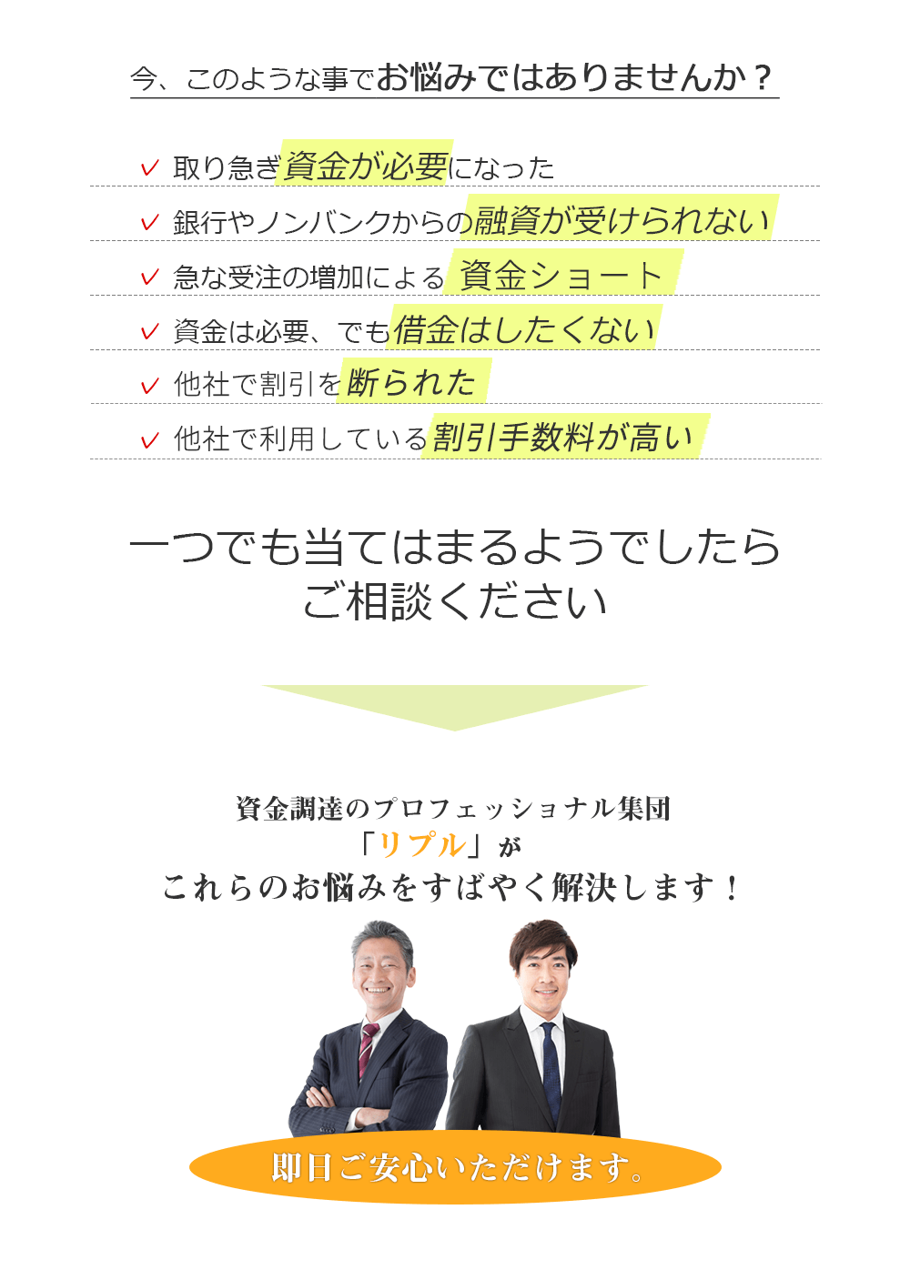 今、このような事でお悩みではありませんか？取り急ぎ資金が必要になった。銀行やノンバンクからの融資が受けられない。急な受注の増加にによる資金ショート。資金は必要、でも借金はしたくない。他社で手形割引契約を断られた。他社で利用している手形割引手数料が高い。一つでも当てはまるようでしたらご相談ください。資金調達のプロフェッショナル集団、リプルがこれらのお悩みをすばやく解決します！即日ご安心いただけます。